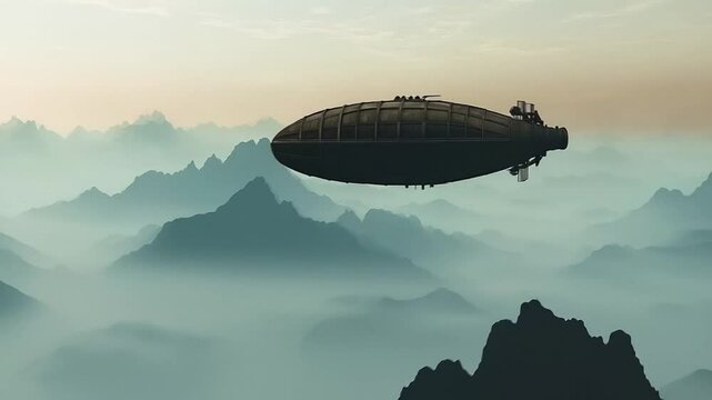 Scene of steampunk airship floating in the air, smooth repeating motion for background video animation