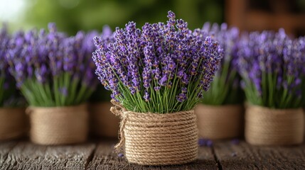Lavender bouquets on rustic wood, garden background, aromatherapy