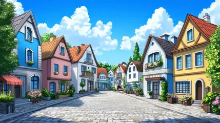 Charming Cartoon Village with Colorful Houses and Clear Blue Sky