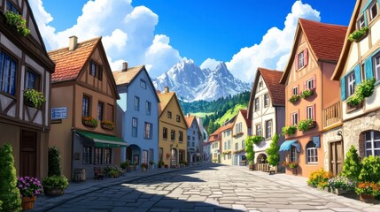Charming Village Street with Colorful Houses and Mountain Backdrop