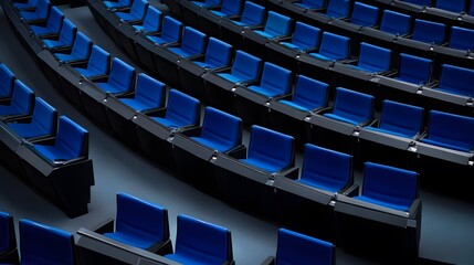 BERLIN, GERMANY - July 1, 2023, empty, blue seats at the Deutscher Bundestag. Reserved for the members of the parliament. The chairs have a special color: Reichstagsblau or Reichstags-Blue