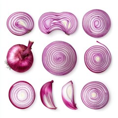 Vibrant Red Onion Slices and Whole Bulb, Isolated on White Background.