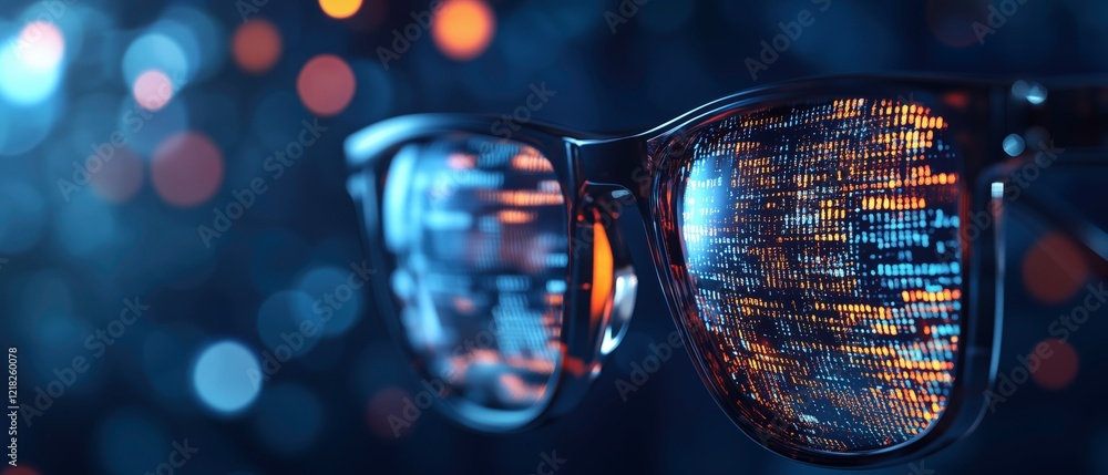 Poster code in the lens: a pair of stylish glasses reflects a shimmering cascade of digital code, symbolizi