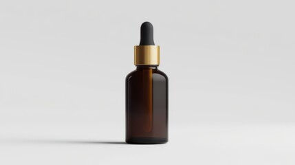 Elegant amber glass dropper bottle with black rubber nozzle and gold cap, ideal for cosmetics, essential oils, or natural remedies on a minimalistic background