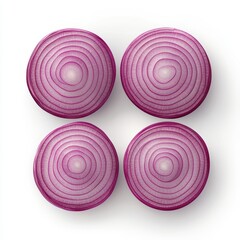 Four Slices of Red Onion on White Background.