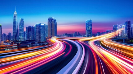 Obraz premium Vibrant Night Cityscape with Light Trails and Skyline Views