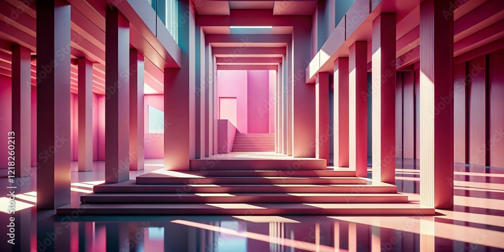Poster surreal classical architecture with grand staircases and pink-hued columns in soft natural light