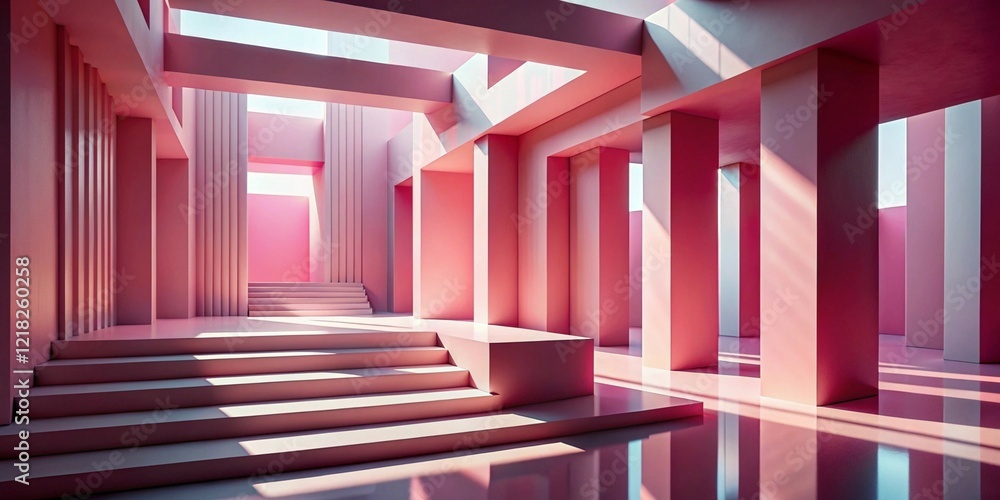 Poster surreal classical architecture with grand staircases and pink-hued columns in soft natural light
