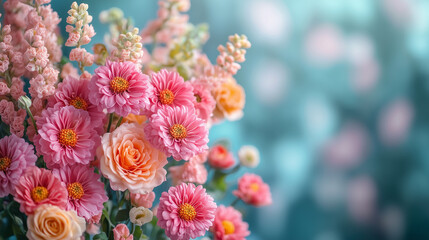 Charming arrangement of pink chrysanthemums and roses, exuding warmth and cheerfulness in a soft, blurred background