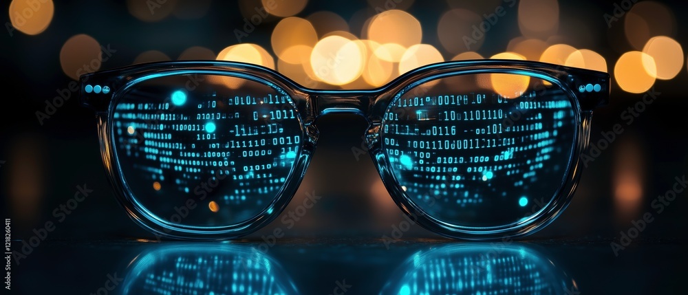 Poster digital vision: code reflected in stylish eyeglasses, illuminated against a bokeh backdrop of warm, 