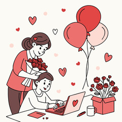 Valentine day girl and boy working