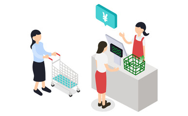 スーパーのレジカウンターに並ぶ女性と店員のアイソメトリックイラスト