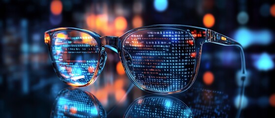 Digital Code Glasses: A pair of transparent glasses displays lines of digital code, creating a captivating futuristic image. The blurred background hints at a vibrant technological world.