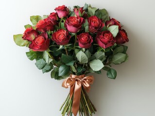 A vibrant bouquet of red roses tied with a satin ribbon.