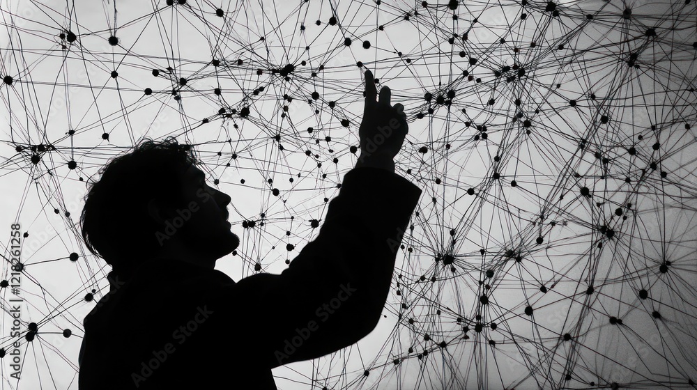 Poster silhouette of a person interacting with a complex network
