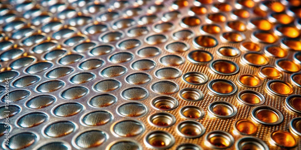 Poster detailed close-up of metallic surface with repeating convex circular pattern and reflective gradient