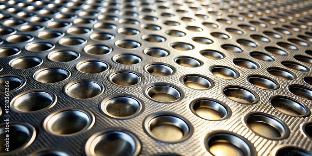 Poster detailed close-up of metallic surface with repeating convex circular pattern and reflective gradient
