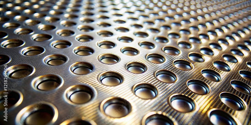Poster detailed close-up of metallic surface with repeating convex circular pattern and reflective gradient