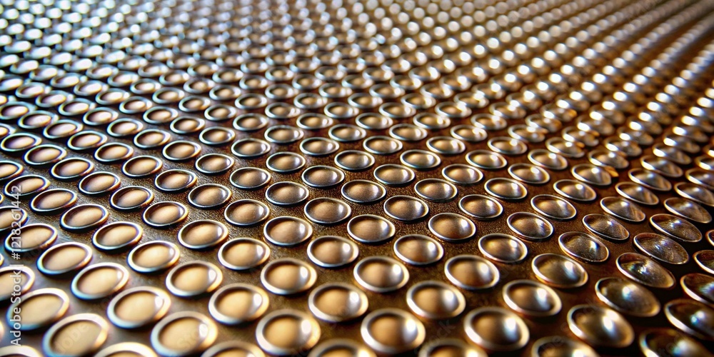 Poster detailed close-up of metallic surface with repeating convex circular pattern and reflective gradient