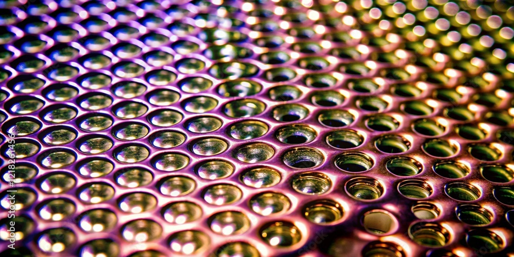 Poster detailed close-up of metallic surface with repeating convex circular pattern and reflective gradient