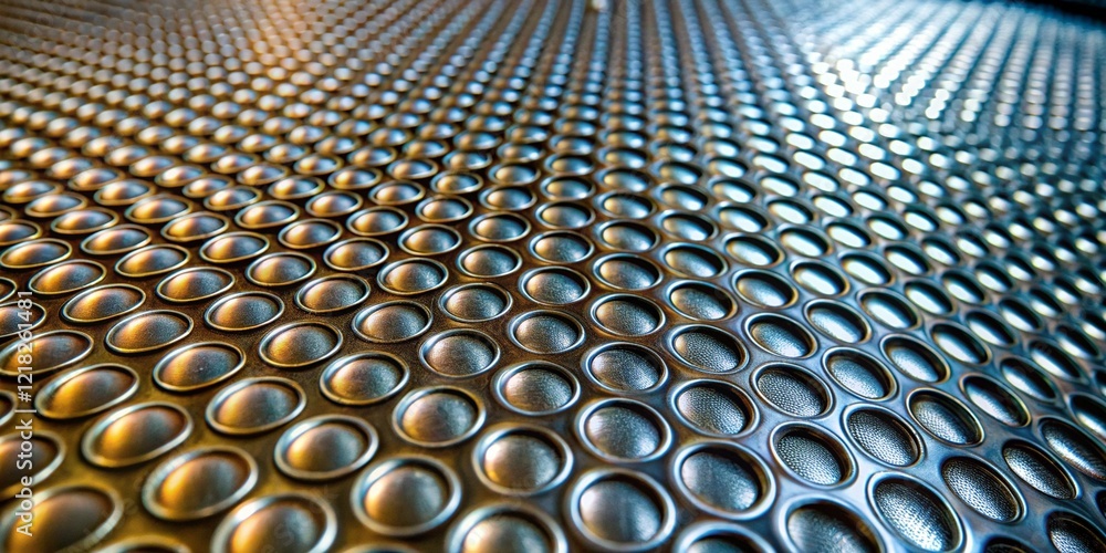 Poster detailed close-up of metallic surface with repeating convex circular pattern and reflective gradient