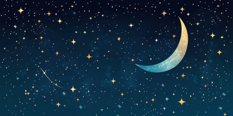 Naklejka premium Crescent Moon and Golden Stars Night Sky