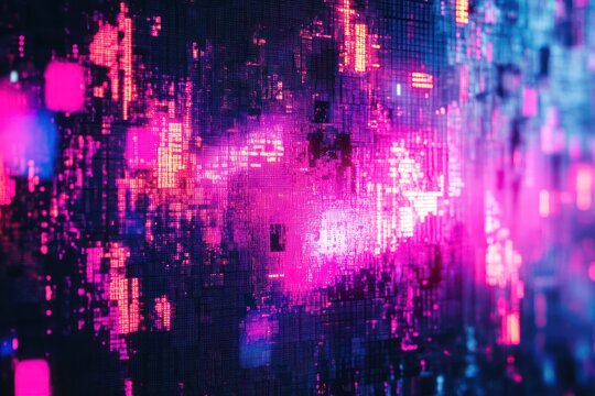 Pixelated error symbols raining down on a shattered digital screen with glitchy, abstract patterns overlapping in bright colors