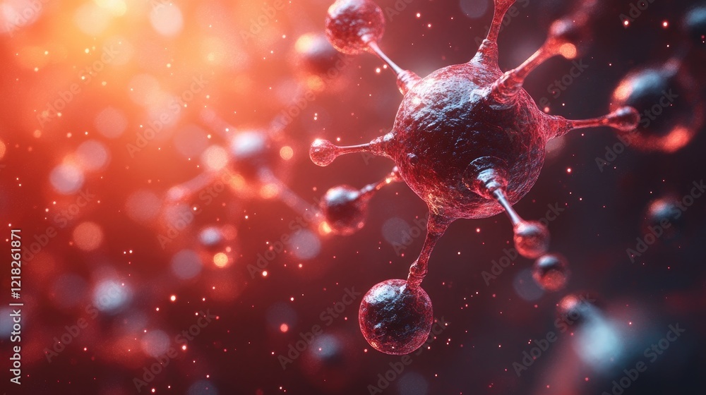 Poster microscopic virus particle a detailed 3d rendering in red hues