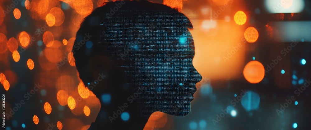 Poster digital mind: a mesmerizing silhouette of a human head, composed of intricate binary code and glowin