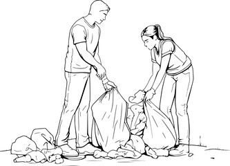 people picking trash drawing