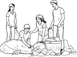 people picking trash drawing