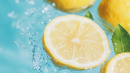 vibrant yellow lemon slices and green leaves splashing through crystal-clear water with dynamic motion, Generative AI 