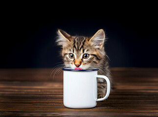 cat licking a mug on the table