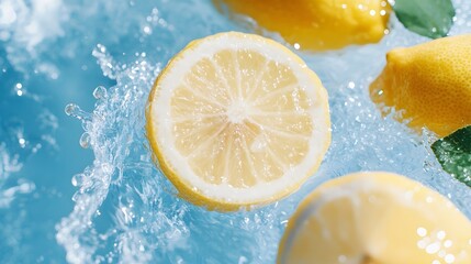 vibrant yellow lemon slices and green leaves splashing through crystal-clear water with dynamic motion, Generative AI 