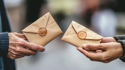 Two Hands Exchanging Vintage Letters with Wax Seals in a Soft Outdoor Setting