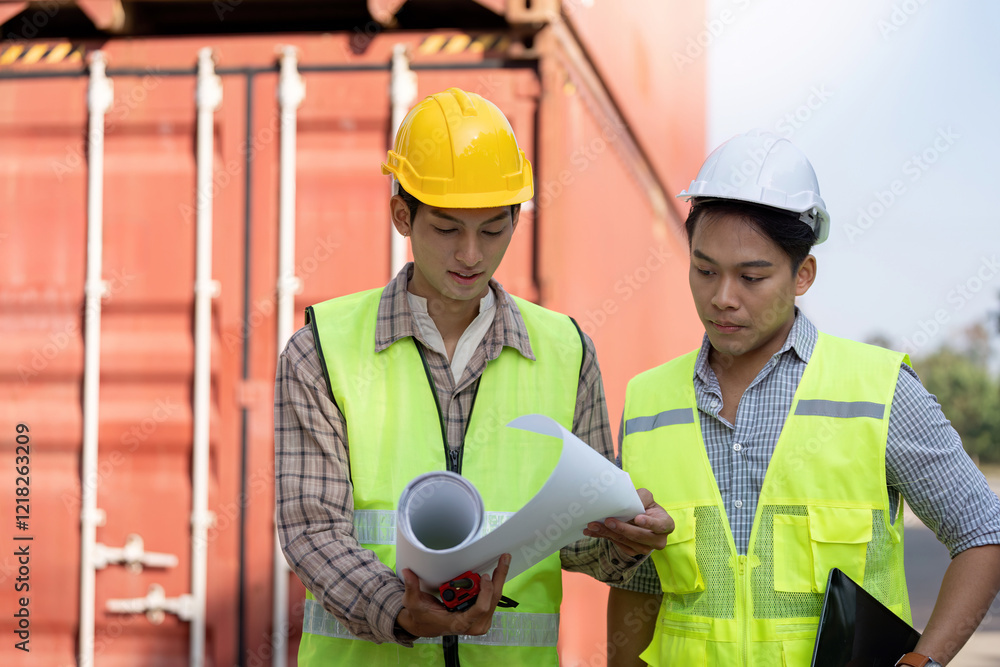 Poster engineers discussing logistics and container management for import and export operations