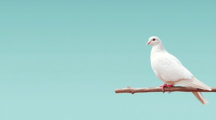 Obraz premium Serene White Dove Perched on Rustic Branch Against Soft Turquoise Background