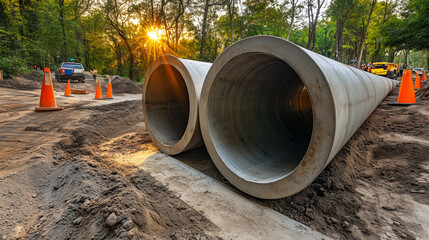 Construction scene with two large concrete pipes surrounded by earth and traffic cones, illustrating urban development