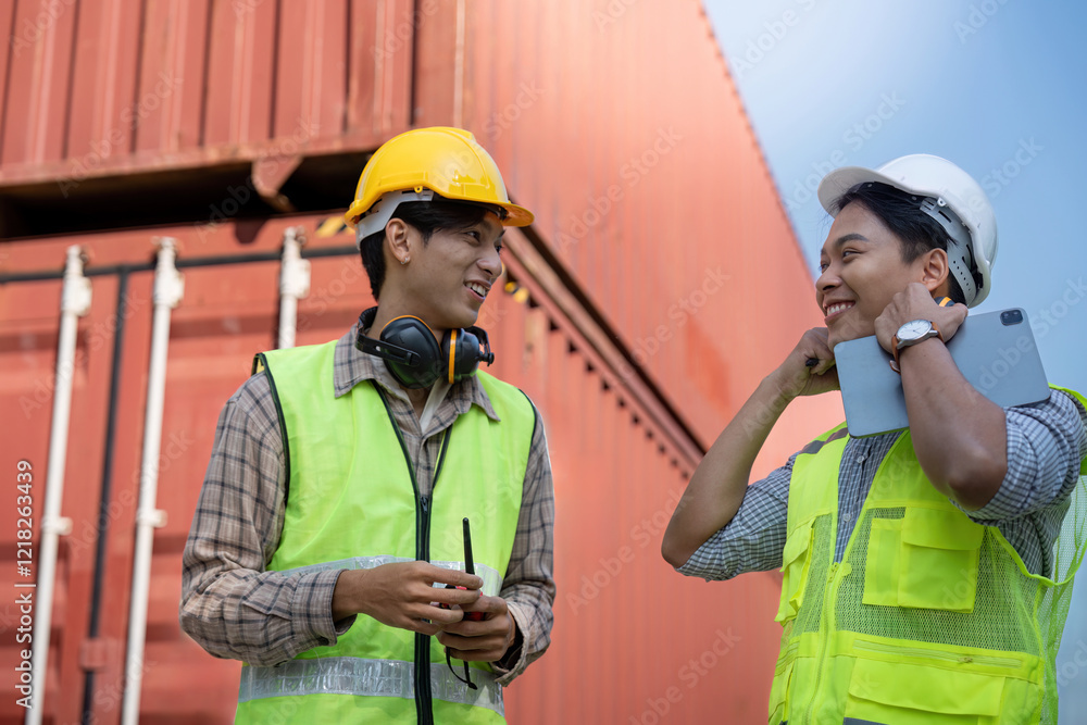 Poster engineers smiling and discussing logistics and container management in import and export