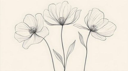 Naklejka premium Abstract floral arrangement, three delicate wildflowers drawn in thin lines
