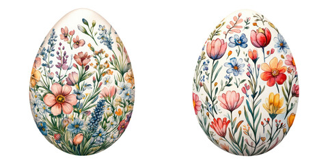 Two beautifully decorated eggs featuring intricate floral designs in vibrant colors.