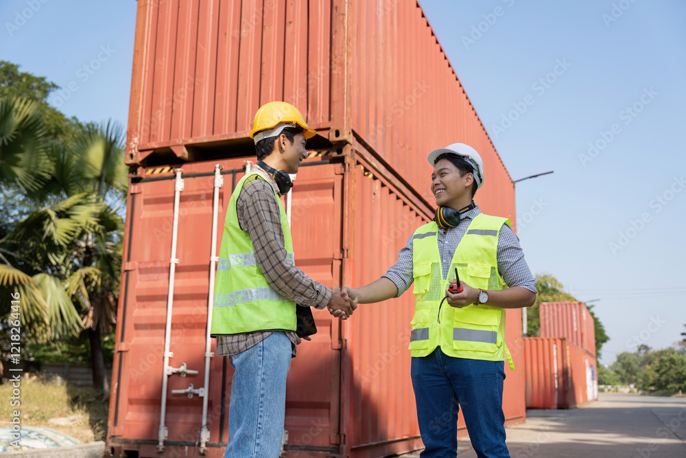 Poster engineers shaking hands in logistics and container management for import and export