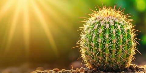 Sunlit cactus in desert soil, sun rays background, nature