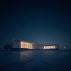 Obraz premium A modern architectural structure bathed in the glow of its lights stands out against a dark, star-filled sky, with a solitary figure in the distance.