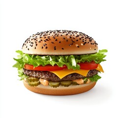 Juicy cheeseburger with lettuce, tomato, pickles, and sesame seed bun on white background.