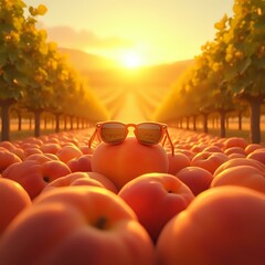 Obraz premium The image shows a pair of sunglasses resting on a group of ripe, red tomatoes, with a backdrop of trees and a warm, golden sunset.