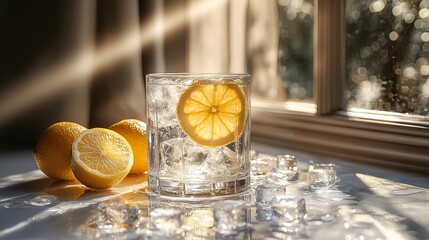 Sunlit lemonade glass, ice, lemons, window background; refreshing drink