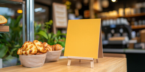 A vibrant yellow sign stands on a wooden table in a cozy cafe, surrounded by baked goods and greenery, creating an inviting atmosphere.