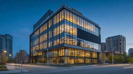 Fototapeta premium Office building glowing in golden dusk light, framed by urban skyline, evoking a sense of modern ambition and quiet reflection.