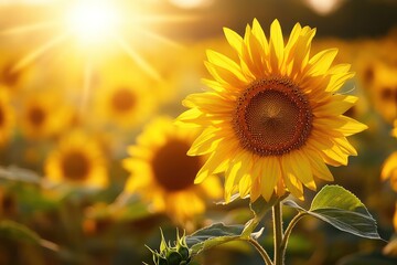 Radiant sunflowers glowing in a golden field at midday, with the bright sun casting warm shadows and highlighting the vibrant yellow petals